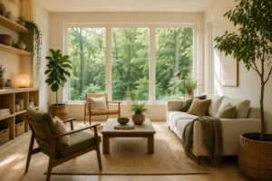 Lichte woonkamer met natuurlijke materialen, houten meubels, planten en duurzame interieurkeuzes zonder verbouwing