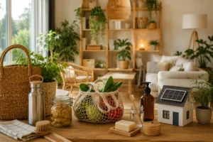 Duurzame woonproducten op houten tafel met herbruikbare tas, planten, glazen potten, bamboe tandenborstel en energiezuinig huisje