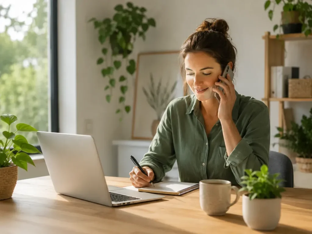 Vriendelijke vrouw neemt contact op vanuit een lichte thuiswerkplek met planten, laptop en notitieboek