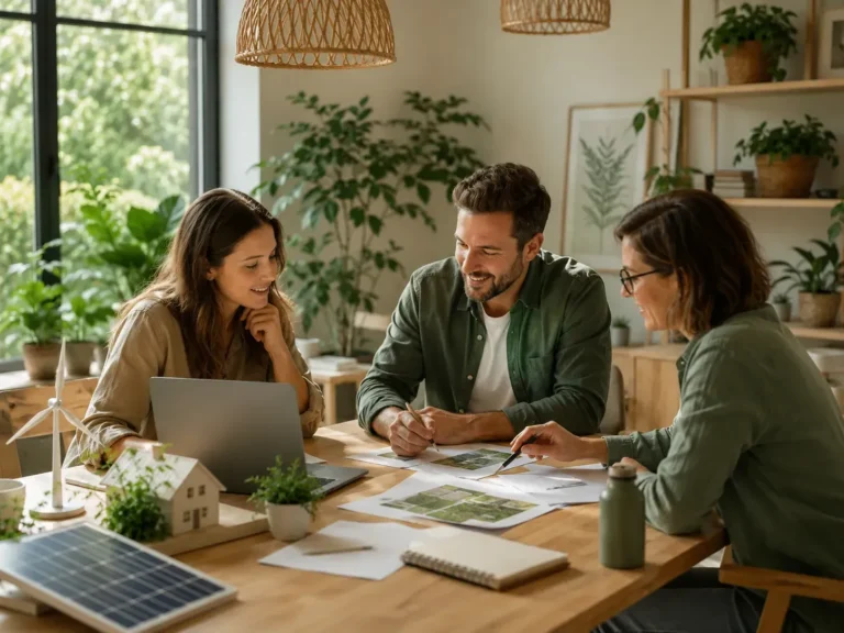 Professionals bespreken duurzame woonideeën aan een houten tafel met laptop, planten, huismaquette en zonnepanelen