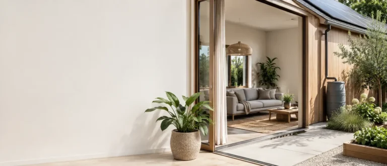 Duurzaam modern huis met groene tuin, natuurlijke materialen, planten, zonnepanelen en een lichte woonkamer