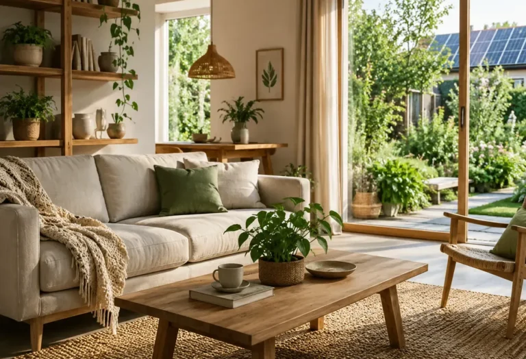 Duurzame woonkamer met natuurlijke materialen, veel planten, houten meubels en uitzicht op een groene tuin met zonnepanelen