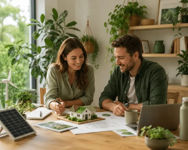 Twee professionals bespreken een duurzame samenwerking aan een houten tafel met planten, bouwtekeningen, een huismaquette en zonnepanelen