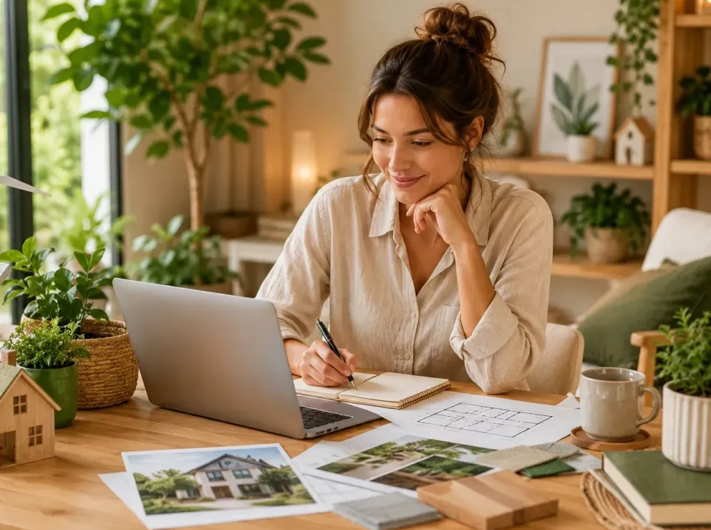 Vrouw werkt aan duurzame woonideeën in een lichte groene thuiswerkplek met laptop, planten, woningplannen en natuurlijke materialen